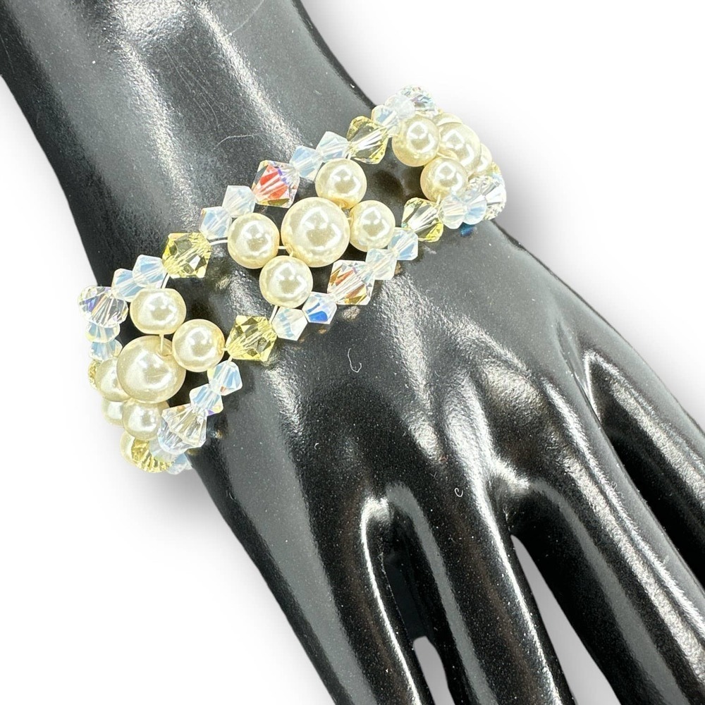 Beaded Bracelet Faux Pearl Faceted Crystal Lucite Beads Toggle Clasps